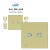 Double switch with touch PNI SH202G made of glass, gold with LED indicator, gold color