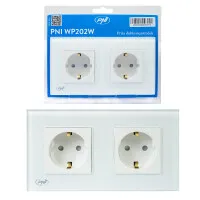 PNI WP202W built-in double socket, with glass frame, 16A, 2X3000W, 230V, white