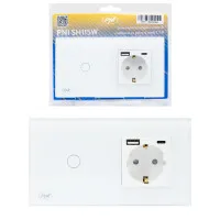 PNI SH115W simple glass switch with touch, combined with Schuko socket and USB plugs